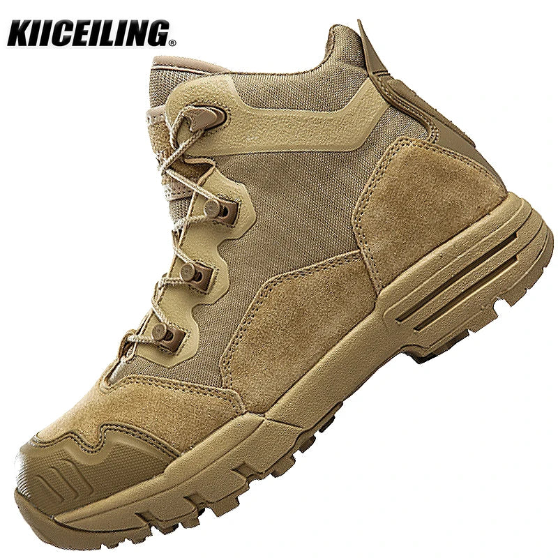 KIICEILING Hiking Shoes Tactical Boots for Men Leather Military Army Boot High Zipper Hunting Climbing Combat Desert Sneakers